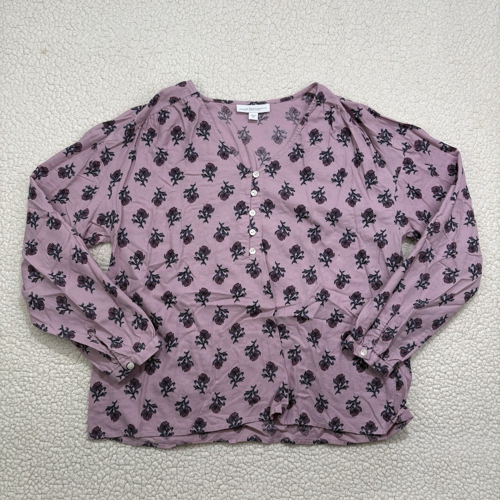 J.Jill Purejill Organic Cotton Blouse Size M Block Print Floral Purple Tunic